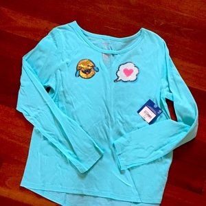 Aqua Long Sleeve Tee w/ Sequin Emoji Accents NWT